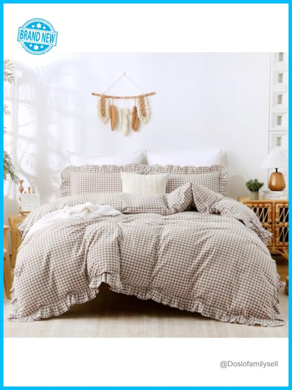 Washed Cotton Gingham Ruffle Duvet Cover Set King 3 Pc Linen-Like